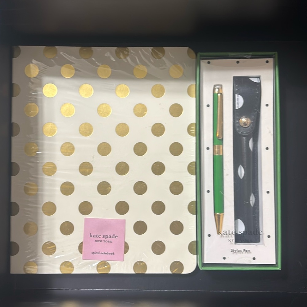 Kate Spade Green/Gold Pen w/ Black polka dot Case & Gold Spiral Notebook